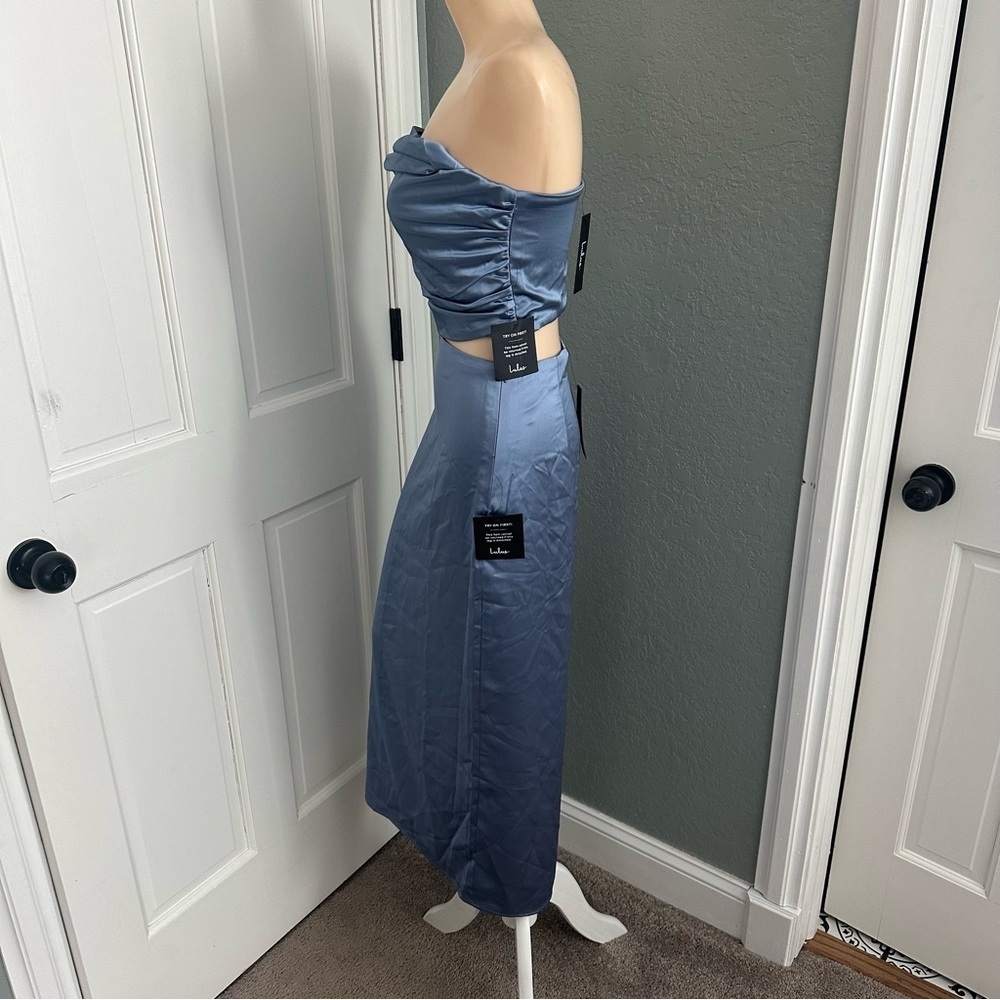 LULU’S DEMURE SWEETIE SATIN STRAPLESS TWO PIECE MIDI DRESS - Picture 8 of 13